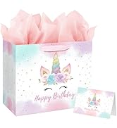 13" Large Unicorn Birthday Gift Bag with Card and Tissue Paper for Baby Girls and Kids Birthday