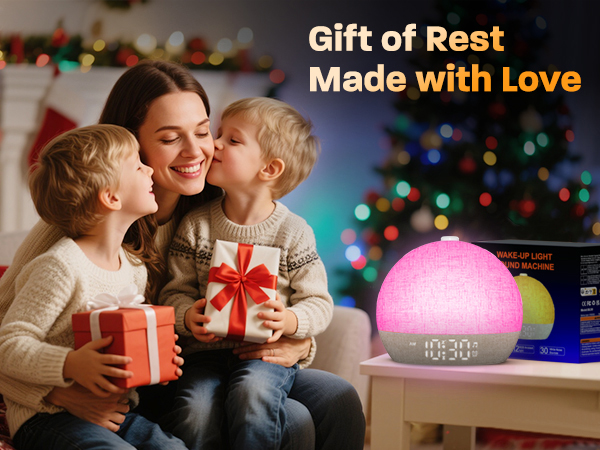 Text reads 'Gift of Rest' and 'Made with Love'. Holiday-themed lifestyle images showing moments of relaxation with warm lighting and festive decorations in background.