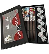 LANHUTHS Wooden Chopsticks Reusable 5 Pairs Gift Set with 5pcs porcelain rest Lucky Cat Design Ha...