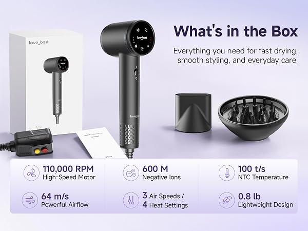 hair dryer set with concentrator, diffuser, ALCI plug, box, and key specs