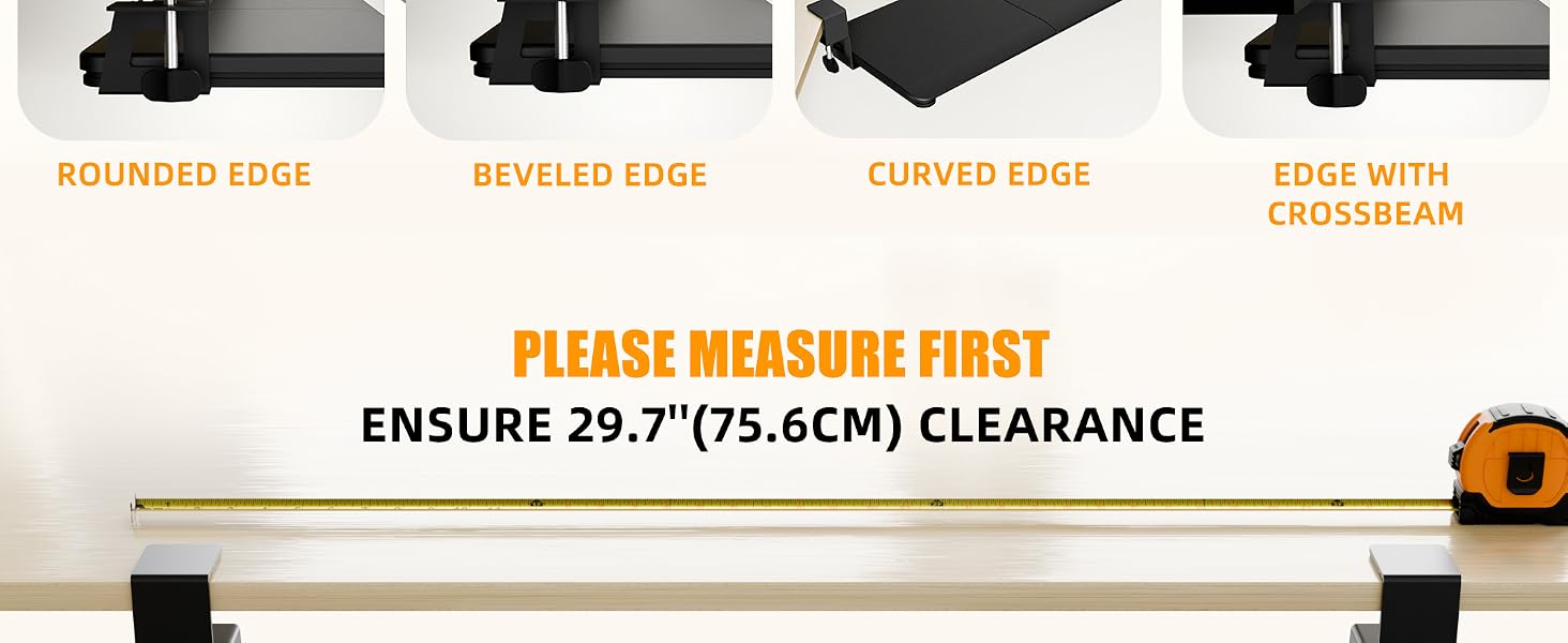 Text reads 'CROSSBAR', 'ROUNDED EDGE', 'BEVELED EDGE', 'CURVED EDGE', 'EDGE WITH', 'PLEASE MEASURE FIRST', 'ENSURE 29.7" (75.6CM) CLEARANCE'. Technical diagram showing different edge types.