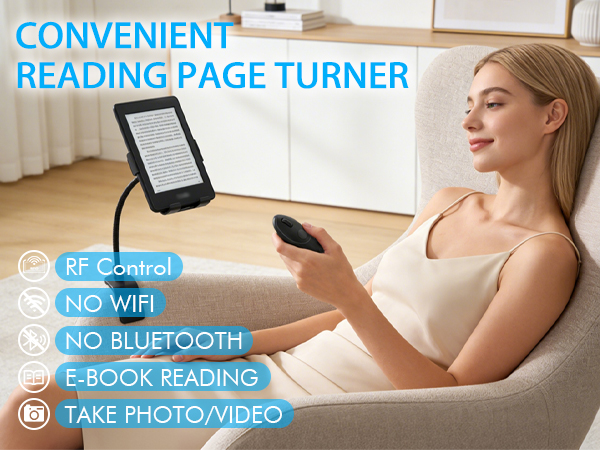 Text reads 'CONVENIENT READING PAGE TURNER' with feature icons: 'RF Control', 'NO WIFI', 'NO BLUETOOTH', 'E-BOOK READING', 'TAKE PHOTO/VIDEO'. Shows device usage while reading.