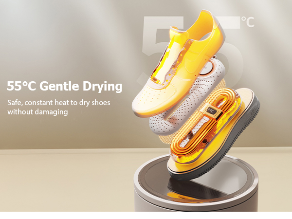Text reads '55°C Gentle Drying, Safe, constant heat to dry shoes without damaging'. Product demonstration showing yellow shoe device with temperature indicator.