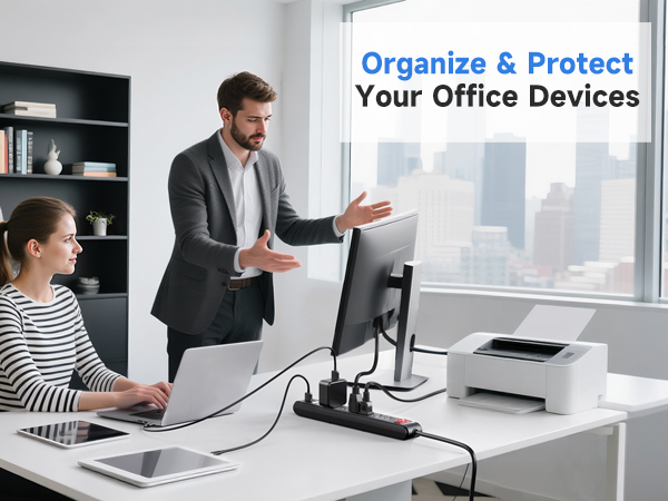 Cable Matters surge protector showing the 8ft extension cord and black design.