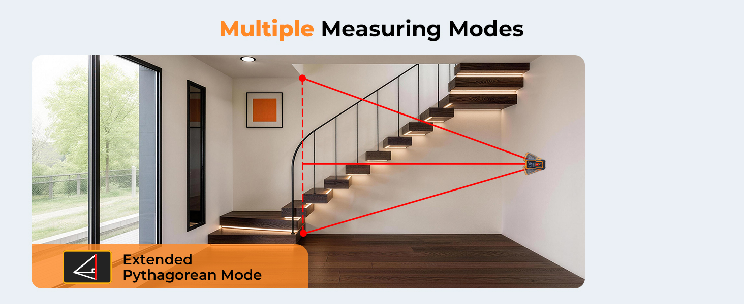Text reads 'Multiple Measuring Modes'. Image shows measuring device being used on stairs, with red measurement lines overlay.