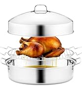 RIDGEPOLE 22” Large Roasting Pan with Rack and Lid, Stainless Steel Oval Roaster Pan, Nonstick Ro...