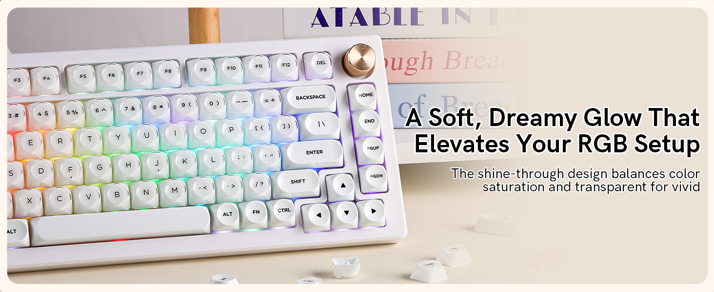 translucent top keycaps, displaying soft, dreamy RGB backlighting