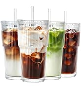 Iced Coffee Cups with Lids, 20oz Ribbed Glass Tumbler with Straw and Lid Leak Proof, Reusable Thi...
