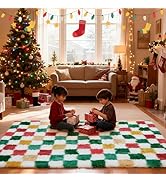 Christmas Area Rug 4x6 for Bedroom Living Room, Checkered Shag Rug Fuzzy Shaggy Bedside Carpet, I...