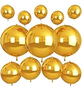 12Pcs Gold Round Foil Balloons, 22" 15" 10" 4D Ball Balloons, Metallic Gold Foil Balloon for Birt...