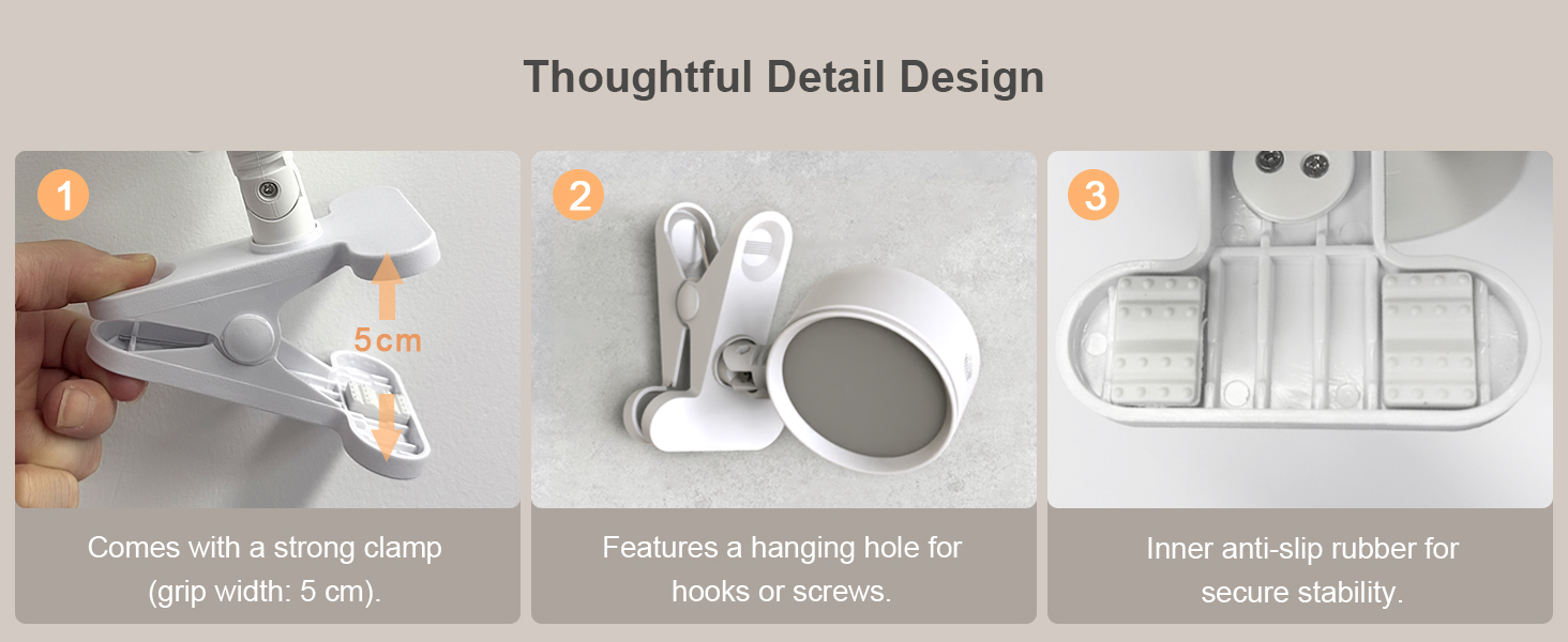 Text reads 'Thoughtful Detail Design'. Four-panel installation guide showing step-by-step mounting process with strong clamp and hanging holes features.