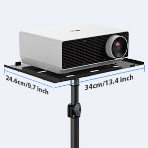 White digital projector on a black rectangular platform. Dimensions shown: 34cm/13.4 inch length, 24.6cm/9.7 inch width.