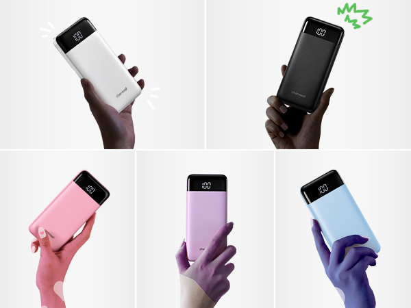Power bank in five colors: white, black, pink, purple, and blue. Rectangular device with digital display, held in hand. Shows battery percentage remaining.