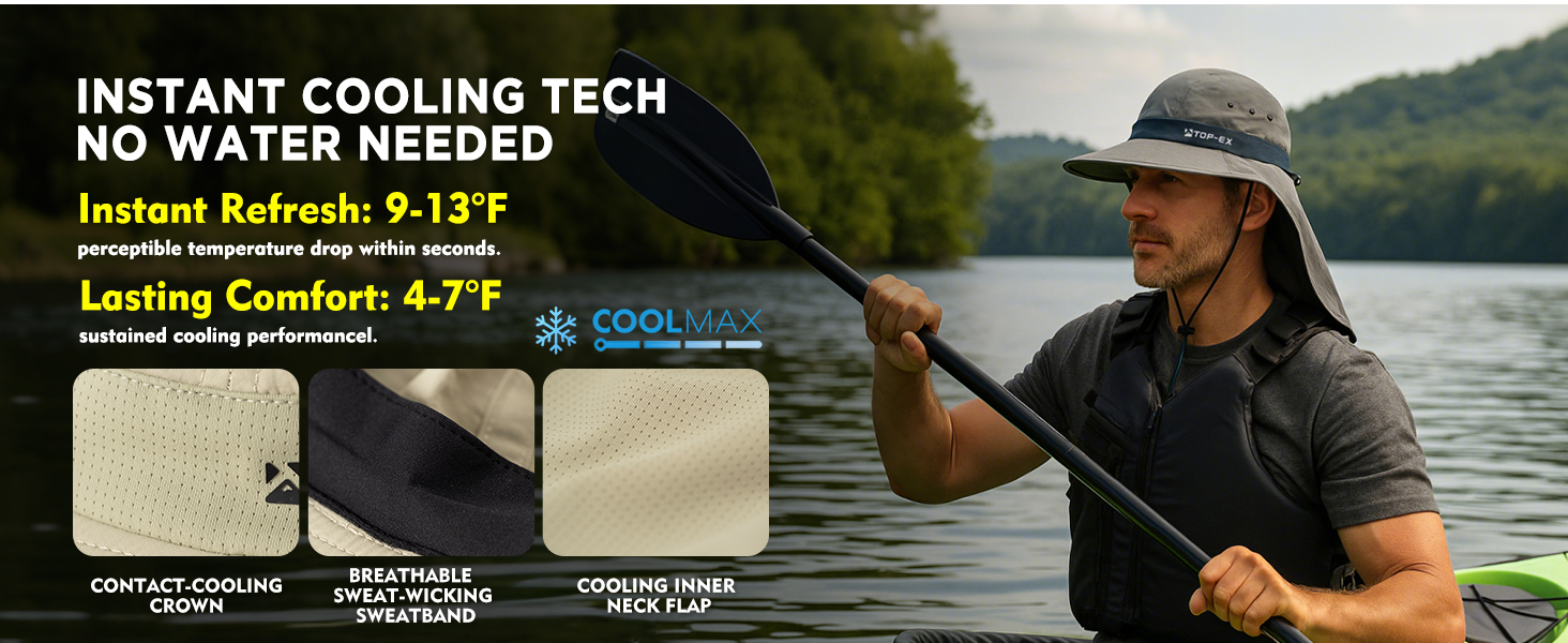 Man wearing TOP-EX cooling sun hat while kayaking, with Coolmax sweat-wicking and cooling fabric