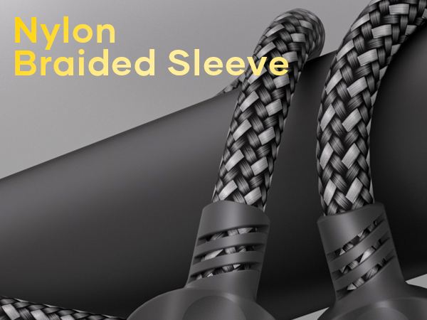 Close-up of black and gray braided nylon sleeve with text overlay, showing intricate weave pattern and protective covering design.
