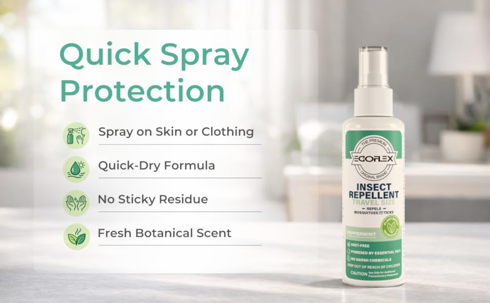 Quick-dry insect repellent spray for skin or clothing with no sticky residue