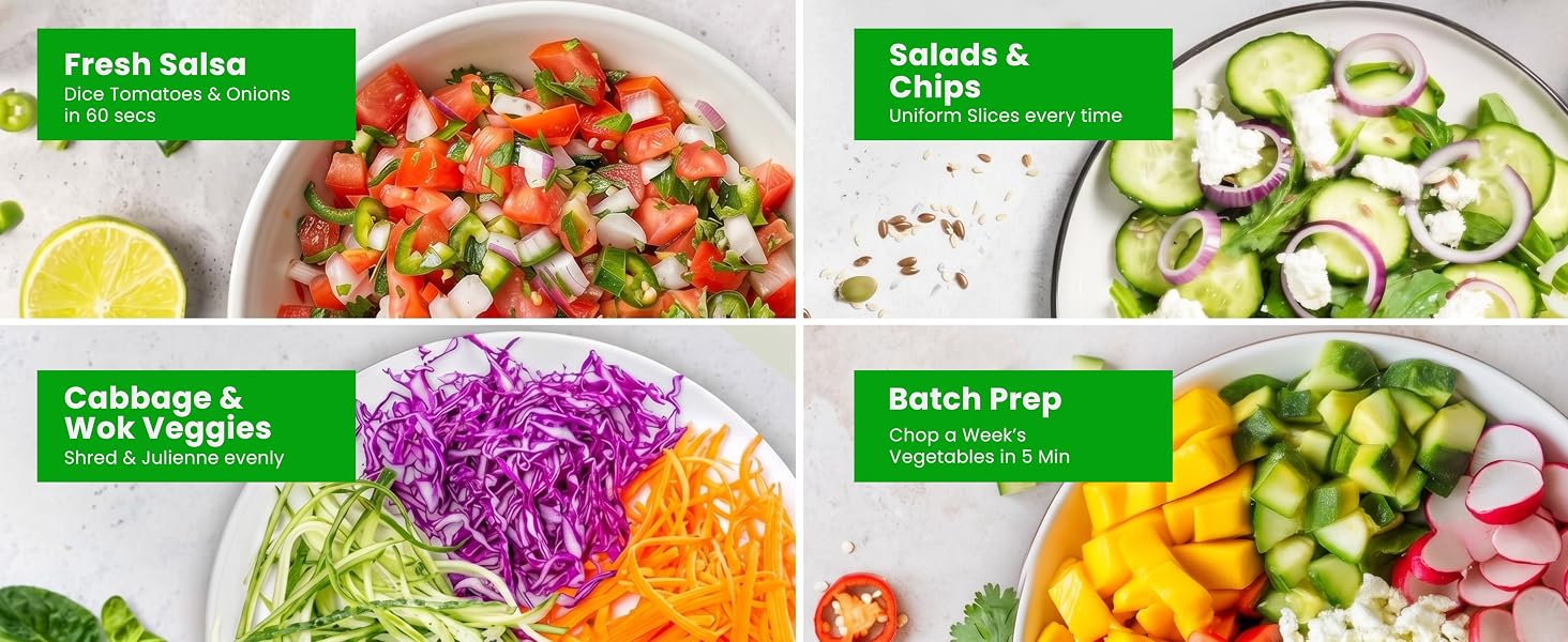 Fresh salsa, salads, shredded vegetables, and meal prep made with the Zelvico-S vegetable chopper.