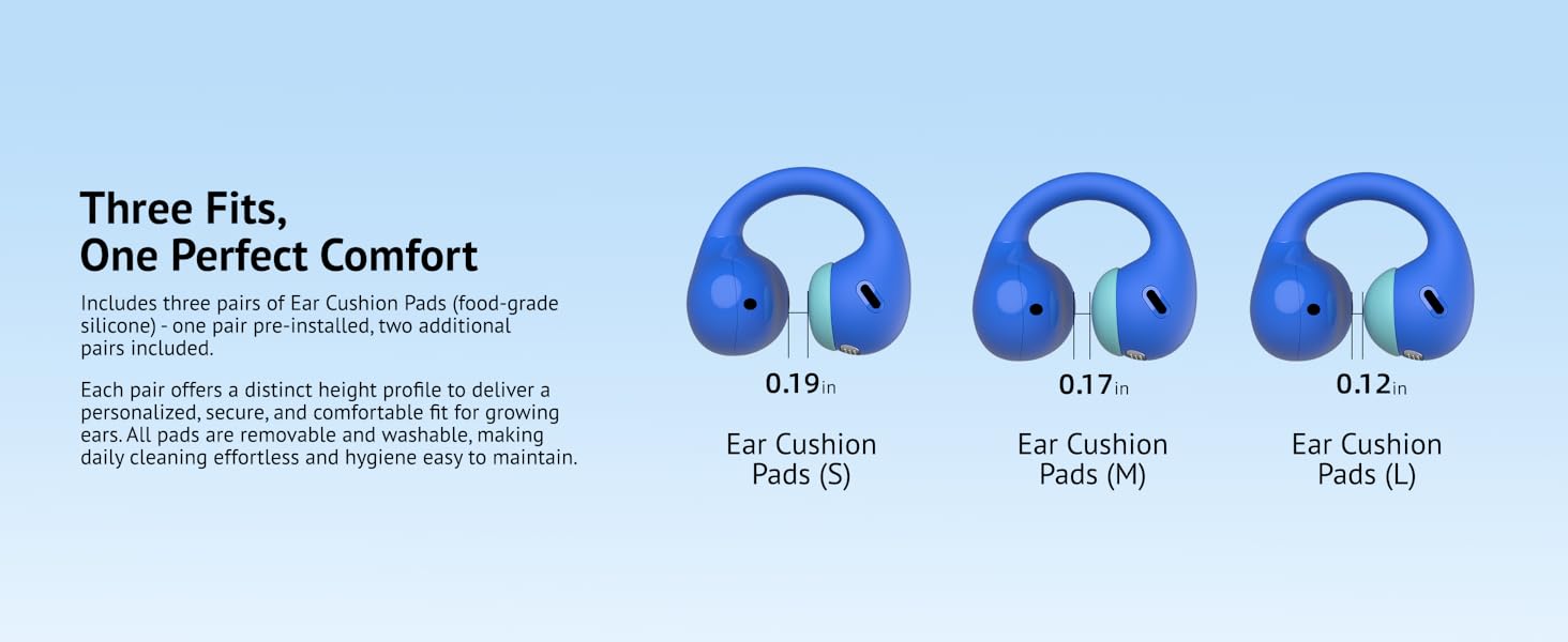 Three sizes of silicone ear pads (S M L) for personalized comfortable fit.