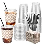 Ovveroche 50 Sets 16 Oz Clear Plastic Coffee Cups with Lids Straws and Sleeves Disposable Iced Dr...