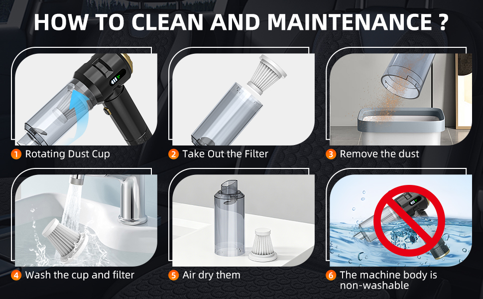 Text reads 'HOW TO CLEAN AND MAINTENANCE?'. Step-by-step cleaning instructions for a device, showing various cleaning actions and procedures.
