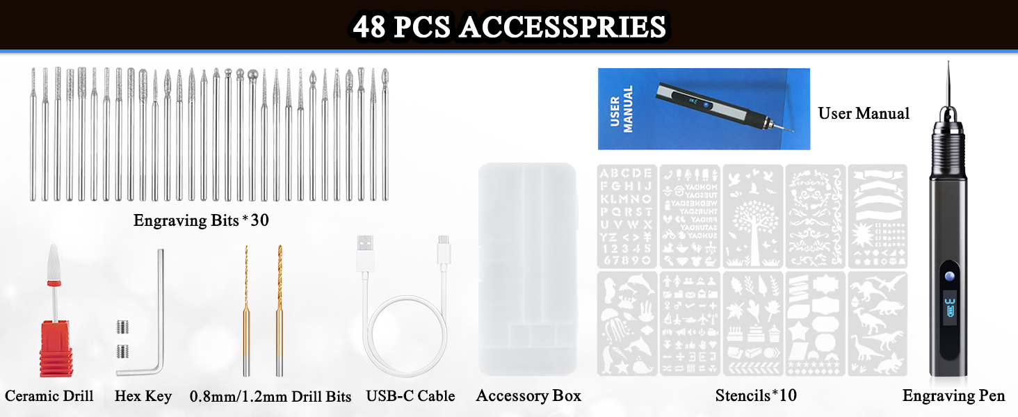Engraving tool kit with 48 accessories including drill bits, USB cable, stencils, and engraving pen. Set includes various tips and a user manual for precise detailing work.