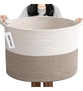 HZFTJOY 115L Extra Large Blanket Basket,Woven Laundry Basket- White &amp; Brown | Collapsible Nursery...