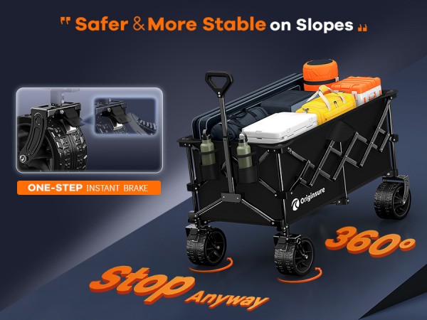 Two front wheels brake keeps the collapsible wagon safe and stable on the slope
