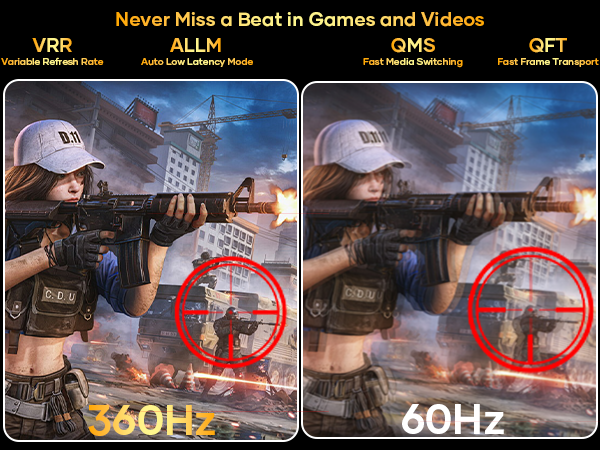 Side-by-side comparison of gaming images at 360Hz and 60Hz. Left image shows clearer motion of a character, highlighting the difference in refresh rates for smoother gameplay.