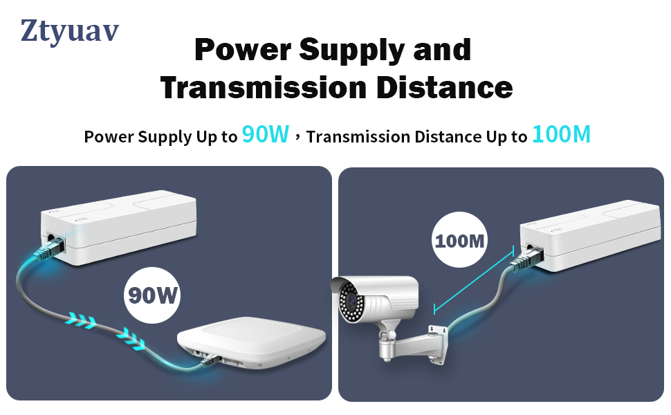 Text reads 'Power Supply and Transmission Distance Up to 100M'. Technical diagram showing power transmission system with distance markers.