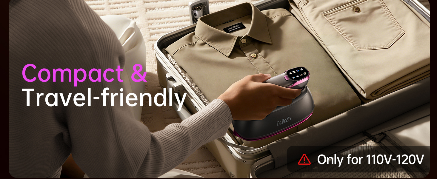 The DRFLASH steam iron features a compact and portable design.