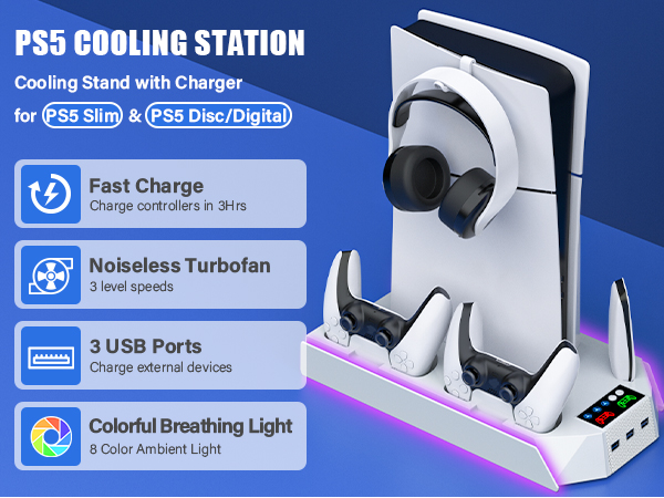 PS5 Slim Stand and Cooling Station with Dual Controller Charging Station for PlayStation 5 Console