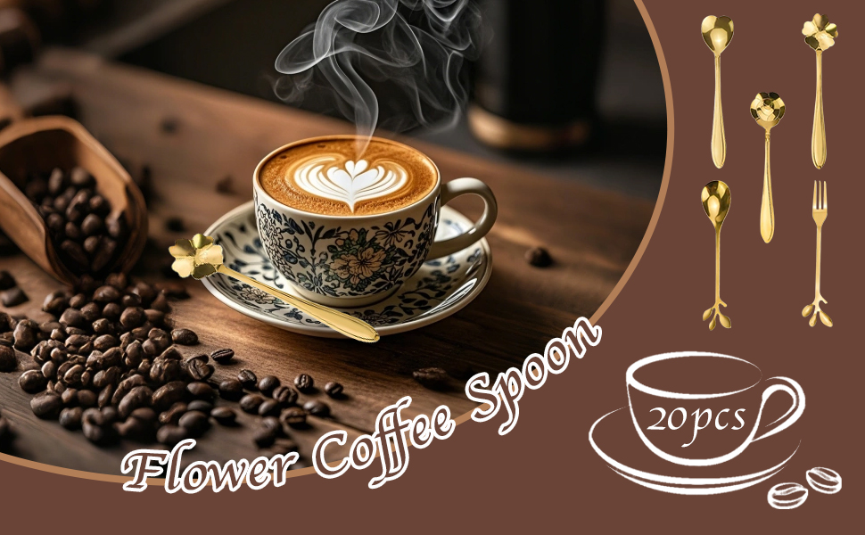 20pcs Coffee Spoons, Stainless Steel Teaspoons, Flower Leaf Spoon, Stiring Tea Spoon and Leaf Fork
