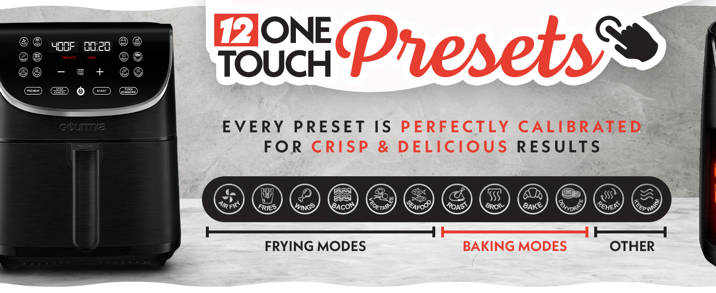 Close-up of Gourmia air fryer’s digital control panel showing 12 cooking presets