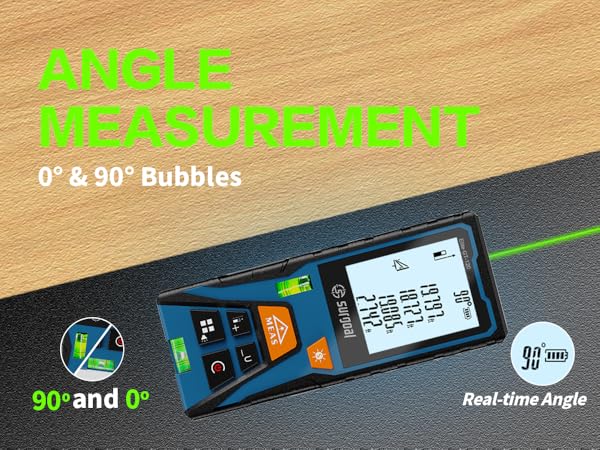 Offers real-time angle measurement with 0° and 90° level bubbles for precision.