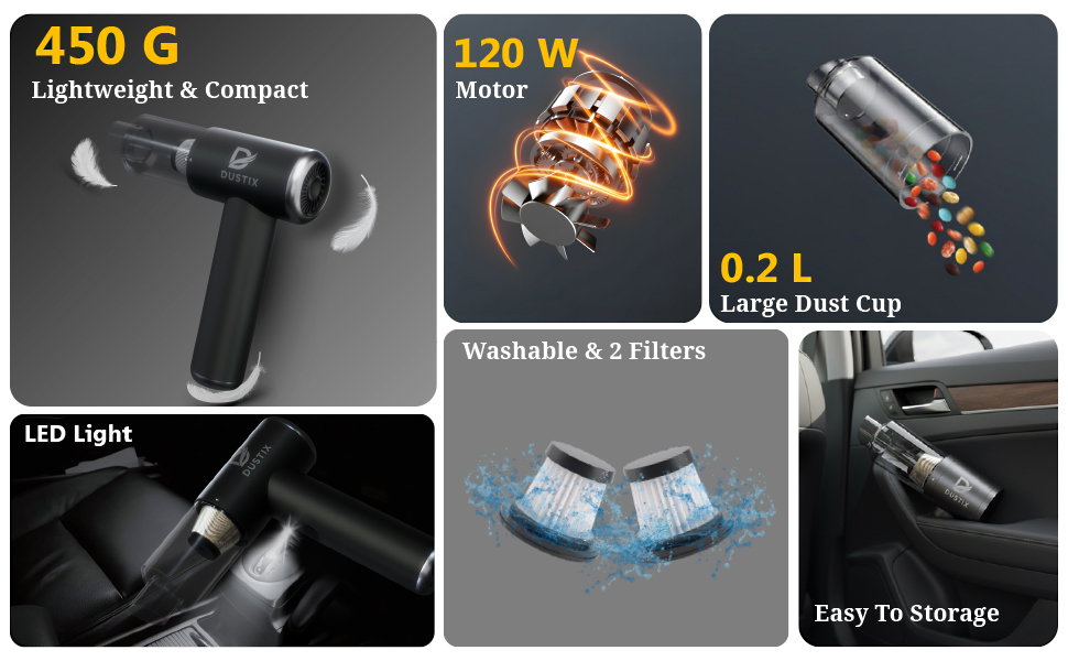 Text reads '450 G'. Sequence of product demonstration images showing black electronic or tech device from multiple angles and usage scenarios.