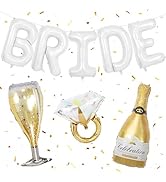 Bridal party decorations: white 'BRIDE' balloon letters, champagne glass balloon, diamond ring balloon, and champagne bottle balloon. Gold confetti scattered around.