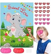 PLULON Valentines Game for Kids Pin Heart on Elephant with 24Heart Stickers Poster Backdrop for G...