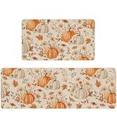 Fall Kitchen Mats Set of 2 Autumn Farmhouse Floral Pumpkin Kitchen Rug | Fall Home Decor Washable...