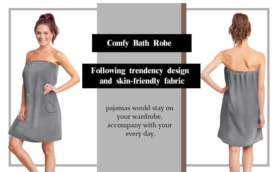 Gray strapless bath robe with side pocket shown from front and back views. Features elastic top band and mid-thigh length design.
