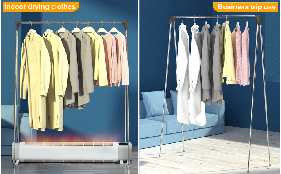 Two clothing racks with assorted garments. Left rack labeled 'Indoor drying clothes' with casual wear. Right rack labeled 'Business trip use' with formal attire.