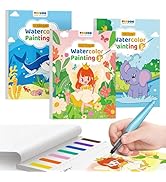 TECJOE 3 Pack Paint with Water Coloring Books for Toddlers, Watercolor Paint Set with 6 Brushes, ...