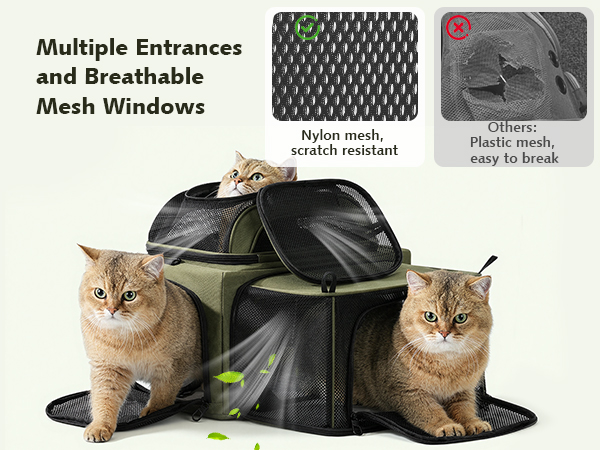 Text reads 'Multiple Entrances and Breathable', 'Mesh Windows'. Pet carrier featuring mesh ventilation panels and multiple access points, demonstrated with cats. Product shows durable construction with mesh windows.