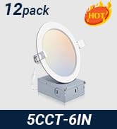 12 Pack 6 Inch Ultra-Thin LED Recessed Ceiling Light with Junction Box, 5CCT Dimmable 2700K/3000K...