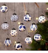 IndianShelf 12 Blue White Christmas Balls with Ribbon- Porcelain Christmas Ornaments- White Ceram...