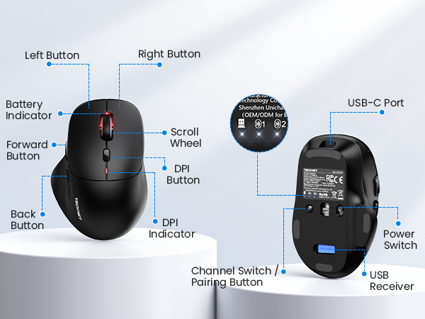 Technical diagram showing labeled mouse buttons and features including 'Left Button', 'Right Button', 'DPI', 'Switch', and 'Receiver' with connecting lines and annotations.