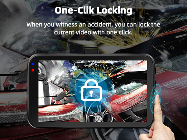 Smartphone displaying dashcam footage with a lock icon, demonstrating one-click video locking feature for accident recording.
