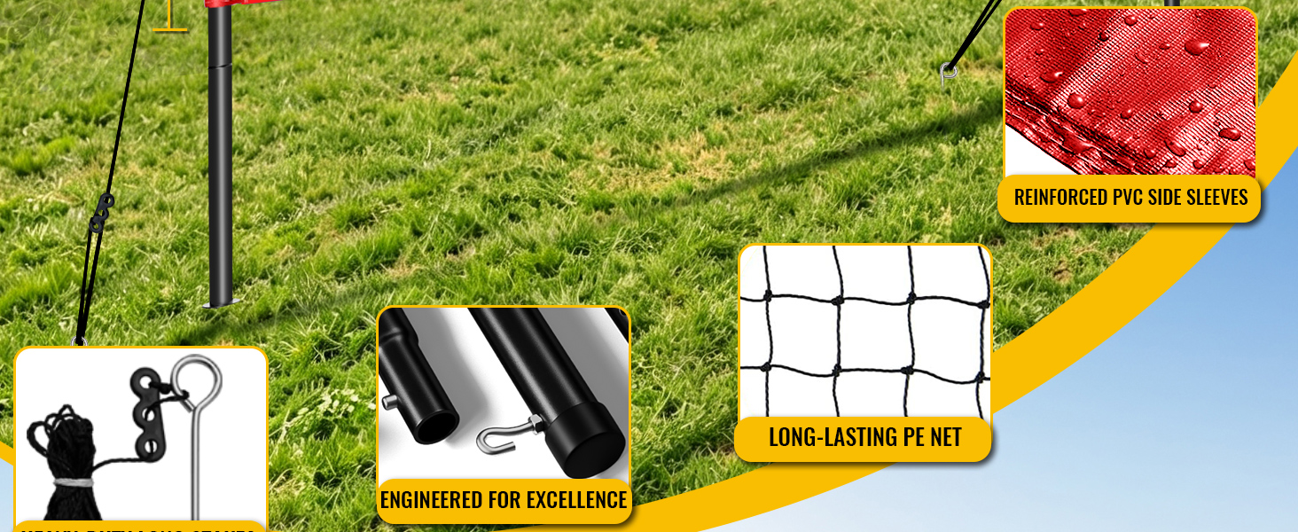 Durable PE net with reinforced PVC side sleeves, heavy-duty steel poles and ground stakes.