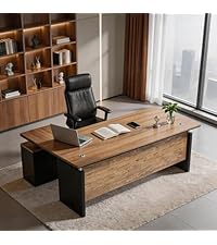63 Inch L-Shaped Executive Desk, Industrial Modern Wood Office Desk with Locking Drawers, Built-in C...