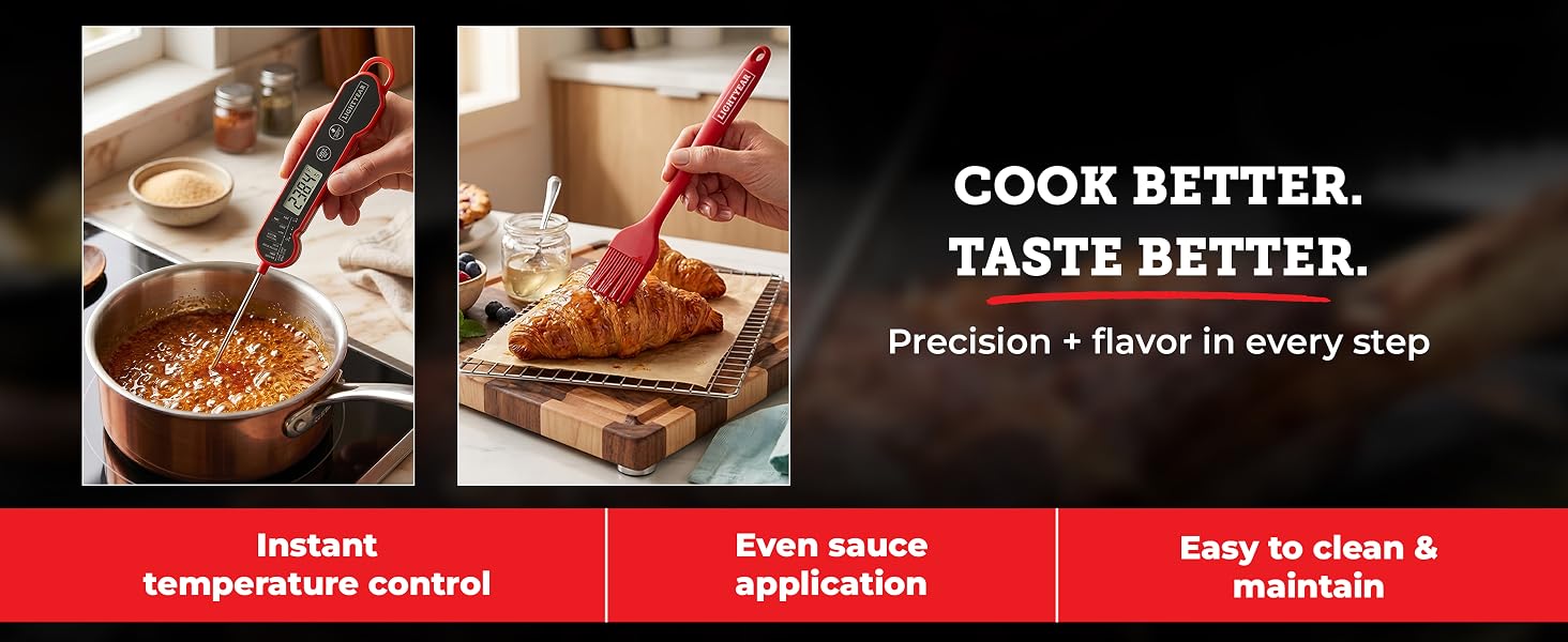 Lightyear silicone basting brush from the bundle applying marinade to meat on a BBQ grill