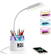 WILIT LED Desk Lamp with Pen Holder, Table Lamp with USB Charging Port &amp; Clock, RGB Ambient Light...